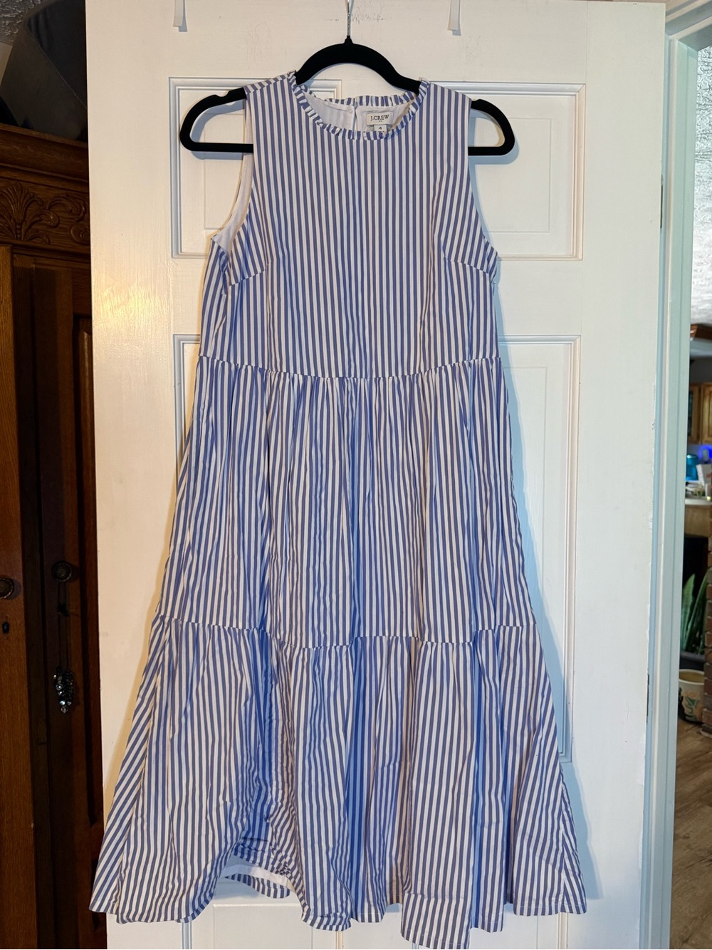 J. Crew Blue and White Striped Tiered Sleeveless Dress